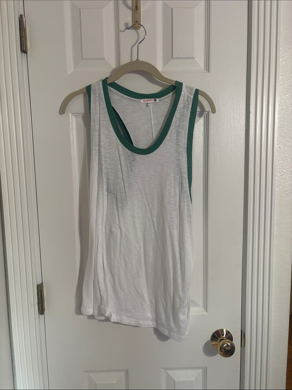 Sundry White Tank with Green Trim Accents